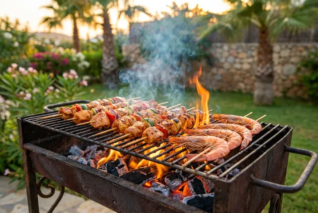 Chef grilling satay skewers at a villa BBQ party in Bali