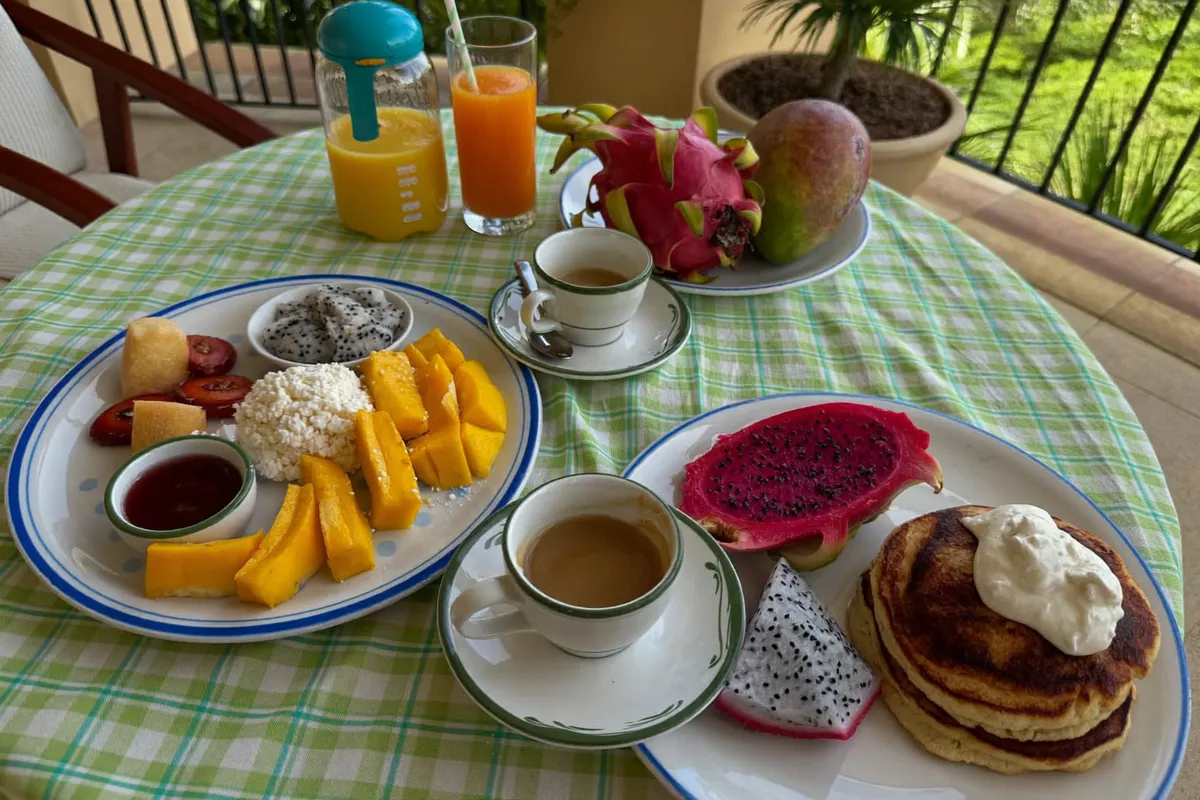 Tropical breakfast spread with smoothie bowls and fruit prepared by a private chef at a Bali villa