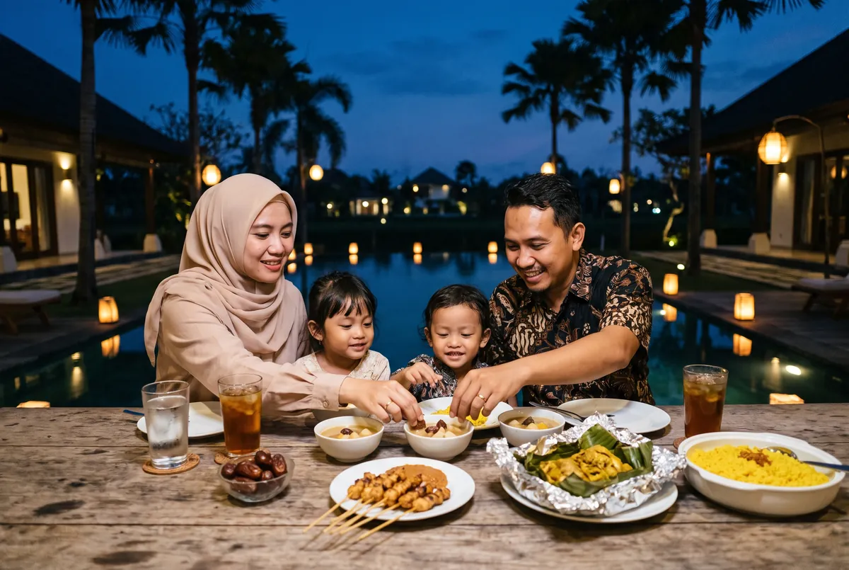 Indonesian Muslim family breaking the fast with dates, satay and ayam betutu at a villa in Nusa Dua, Bali