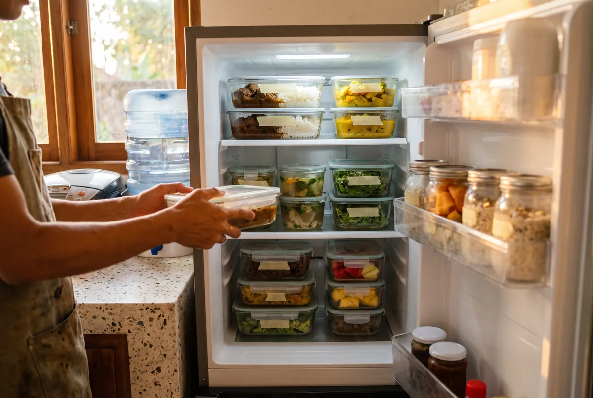 Villa fridge stocked with chef-cooked meal prep containers of rendang, curry, soup and fruit before Nyepi in Bali