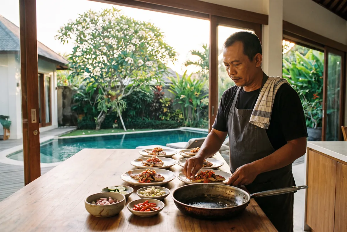 Private chef plating grilled snapper with sambal matah in an open villa kitchen in Seminyak, Bali