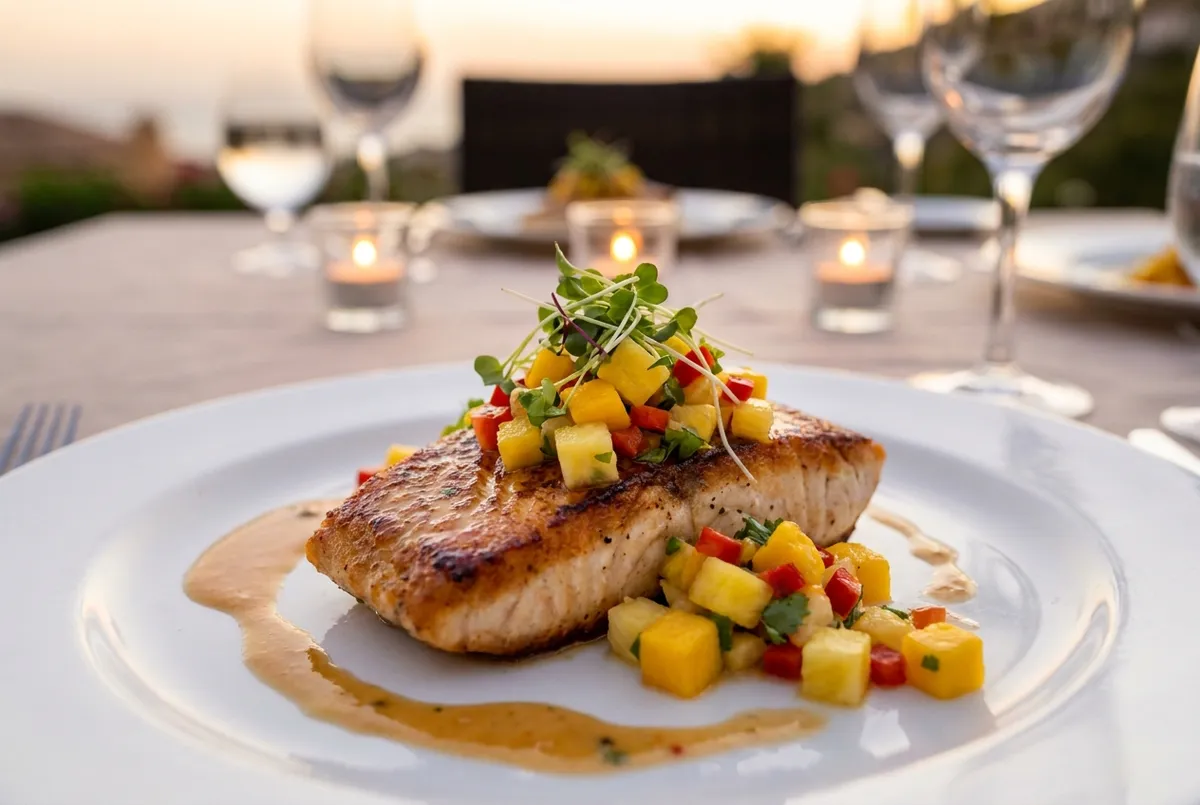 Plated fine-dining course served by a private chef at a villa dinner in Bali
