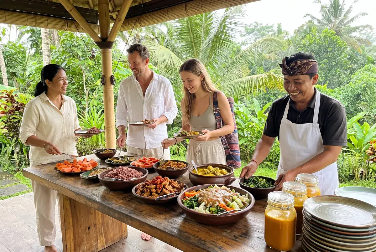 Plant-based retreat lunch buffet with red rice, tempeh and gado-gado in an open-air yoga pavilion in Ubud, Bali