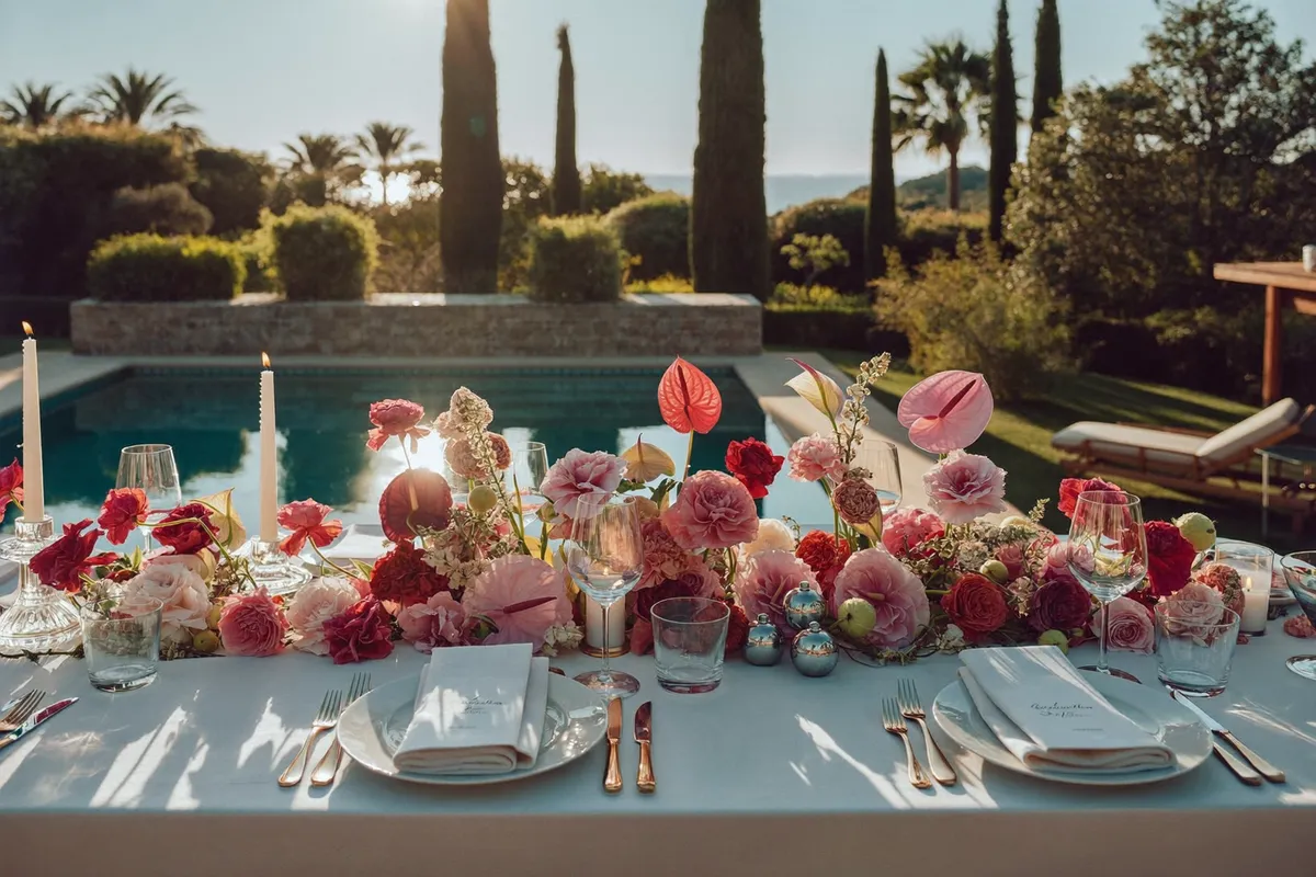 Candlelit romantic dinner table for two set beside a private Bali villa pool