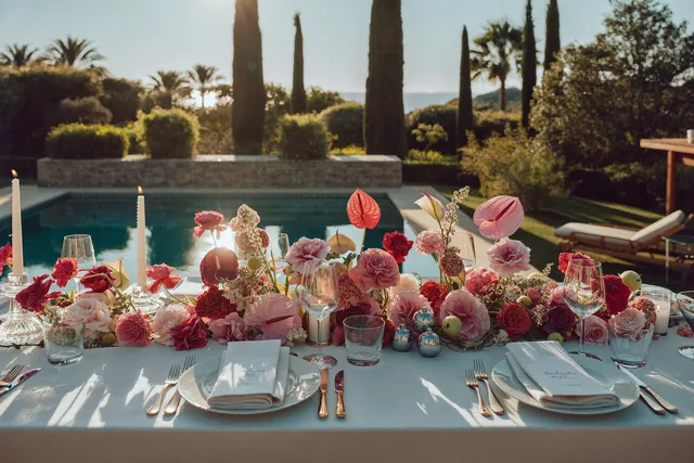 Candlelit romantic dinner for two beside a Bali villa pool