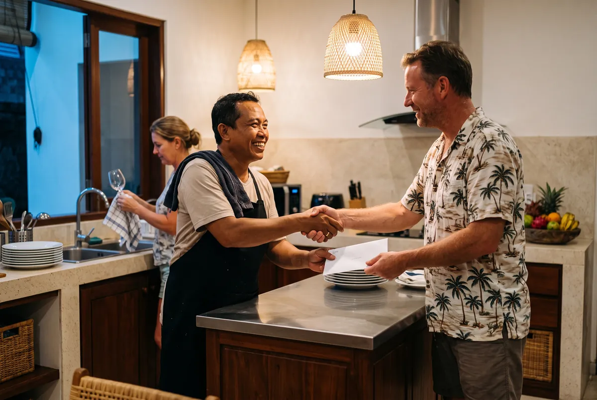 Guest thanking a Balinese private chef with a handshake in a clean villa kitchen at the end of the evening