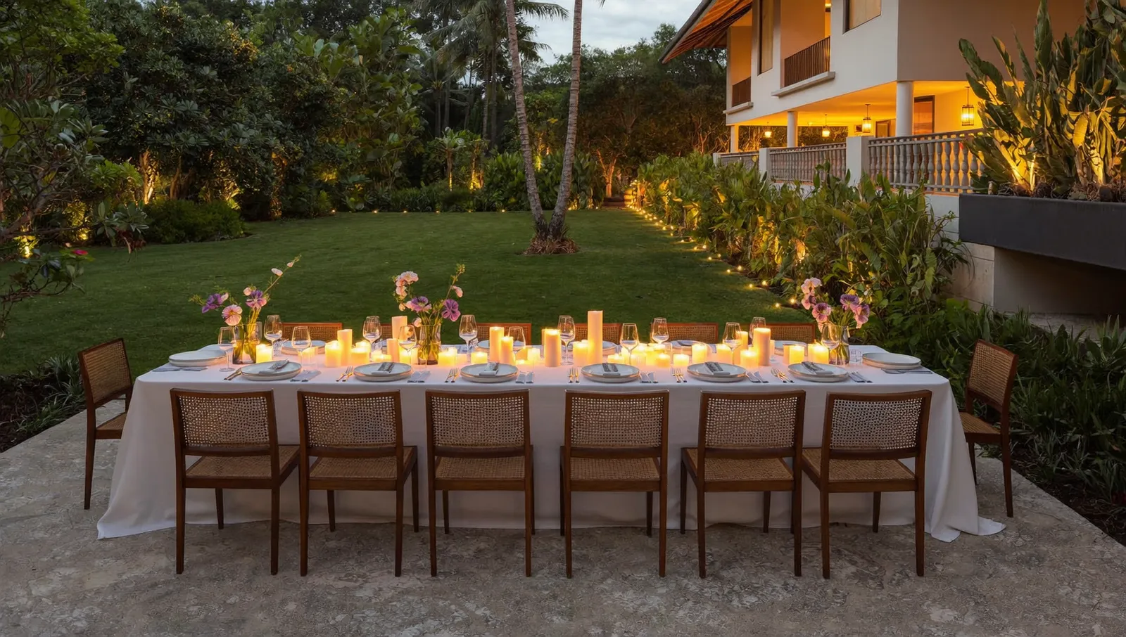 Long dinner table set by a private chef in a Bali villa garden at dusk