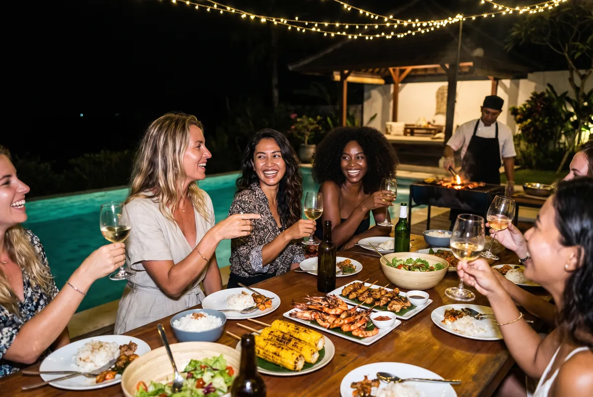 Women friends toasting at a birthday dinner by a villa pool in Uluwatu while a private chef grills in the background