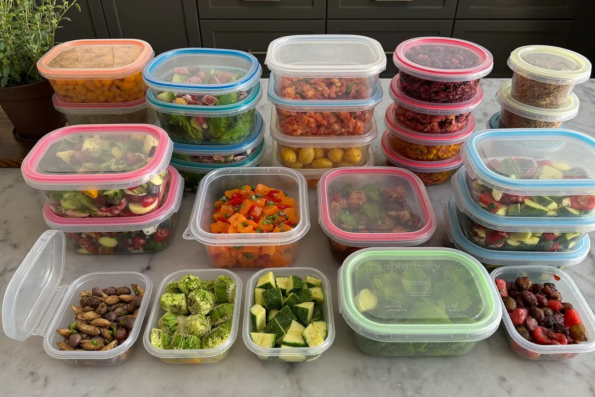 Labelled weekly meal prep containers prepared by a private chef in a Bali villa